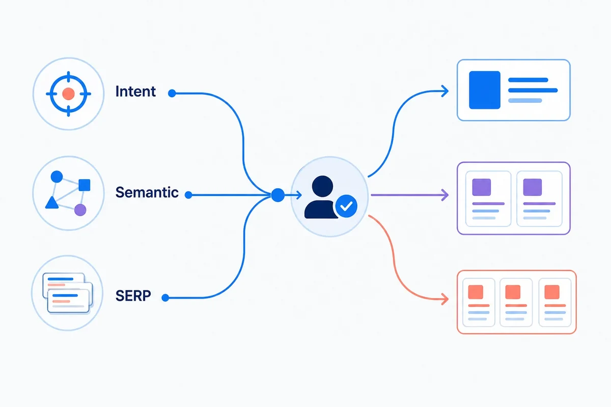 Editorial diagram showing intent hypotheses, semantic similarity and SERP overlap informing same-page, related-page and separate-content decisions.