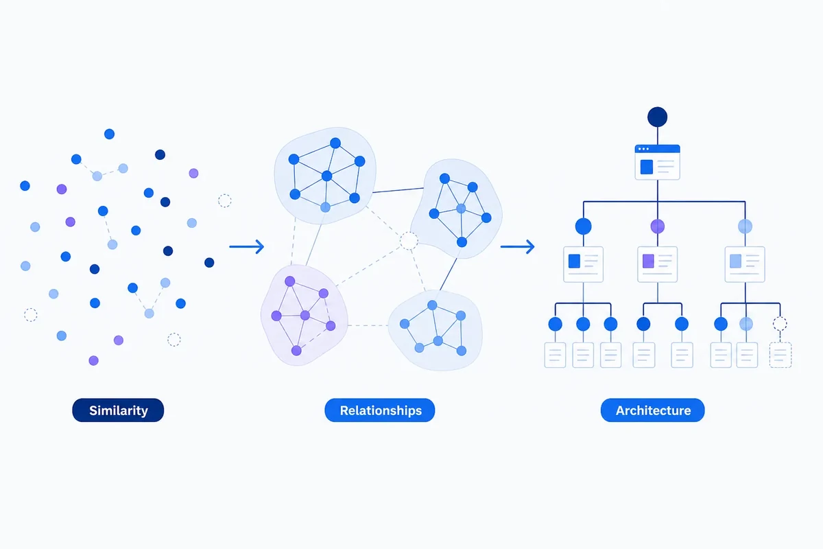 A blue diagram showing keyword nodes moving from similarity relationships through layered connections to validated content architecture, with uncertainty visible at cluster boundaries.