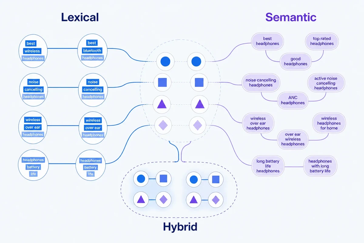 Editorial diagram showing lexical and semantic keyword relationships combining into a hybrid clustering view.