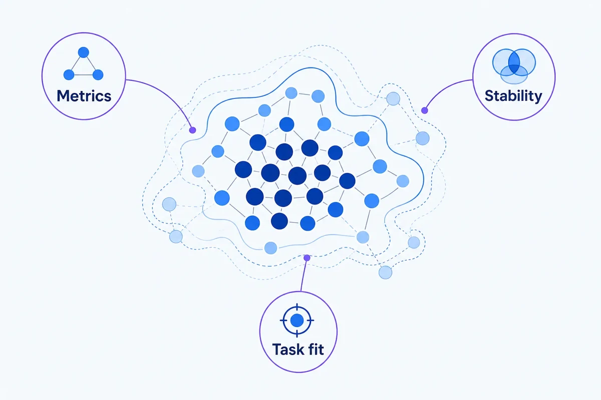 Editorial diagram showing a keyword cluster with a stable dense core, shifting boundary nodes and overlapping alternate cluster outlines, assessed through metrics, stability and task fit.