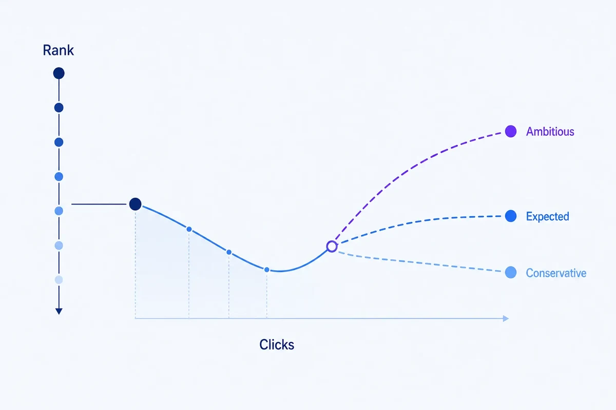 Editorial diagram showing realistic rank movement passing through a click-through curve and branching into conservative, expected and ambitious SEO forecast paths.