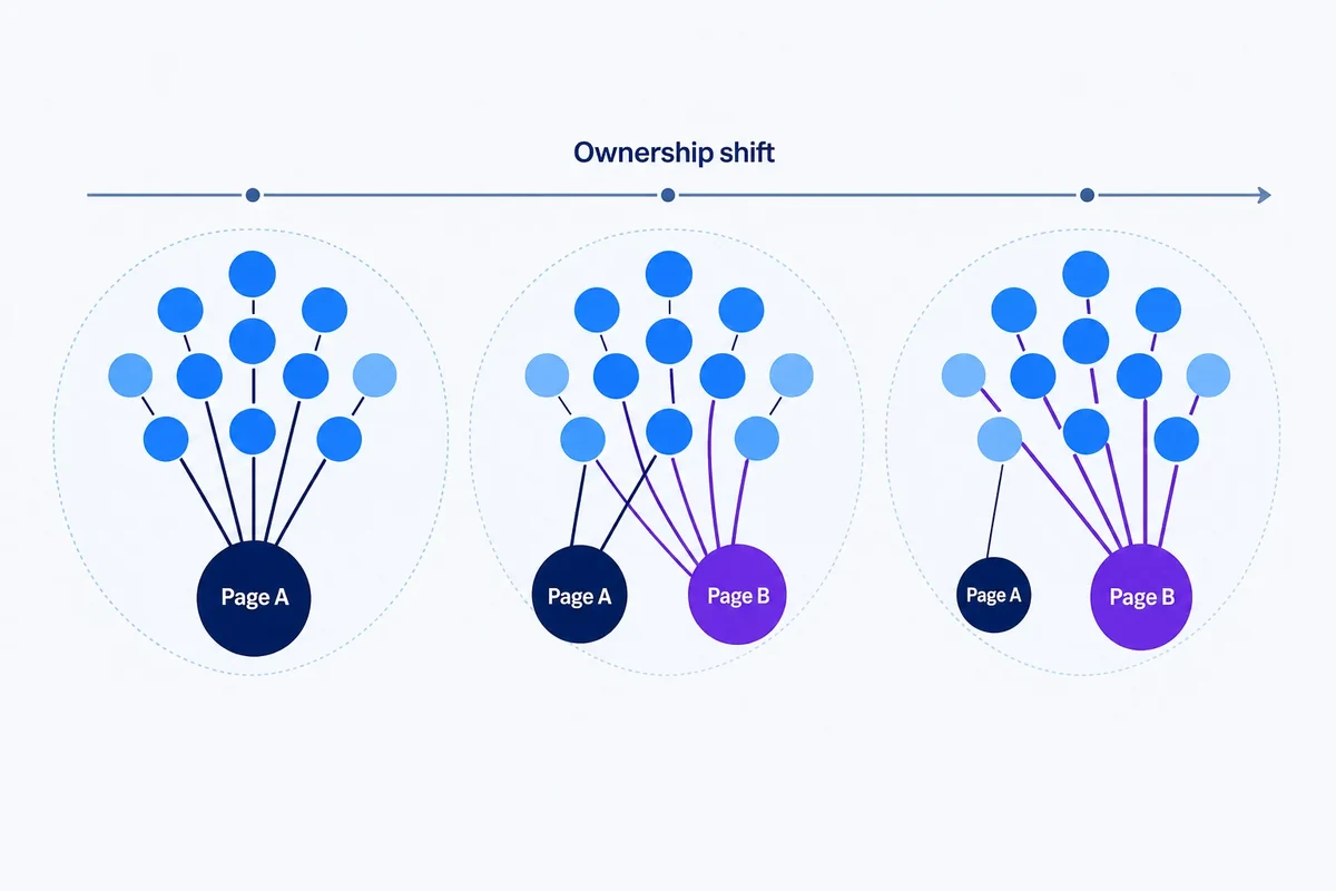 Editorial diagram showing the same keyword cluster shifting from dominant ownership by Page A to split ownership and then dominant ownership by Page B over time.