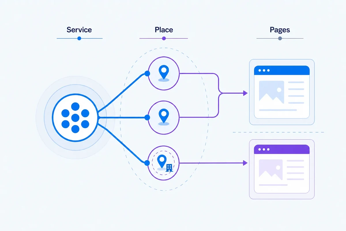 Diagram showing one service cluster split into geographic variants, with most locations converging on one page and one distinct local branch justified by separate business presence.