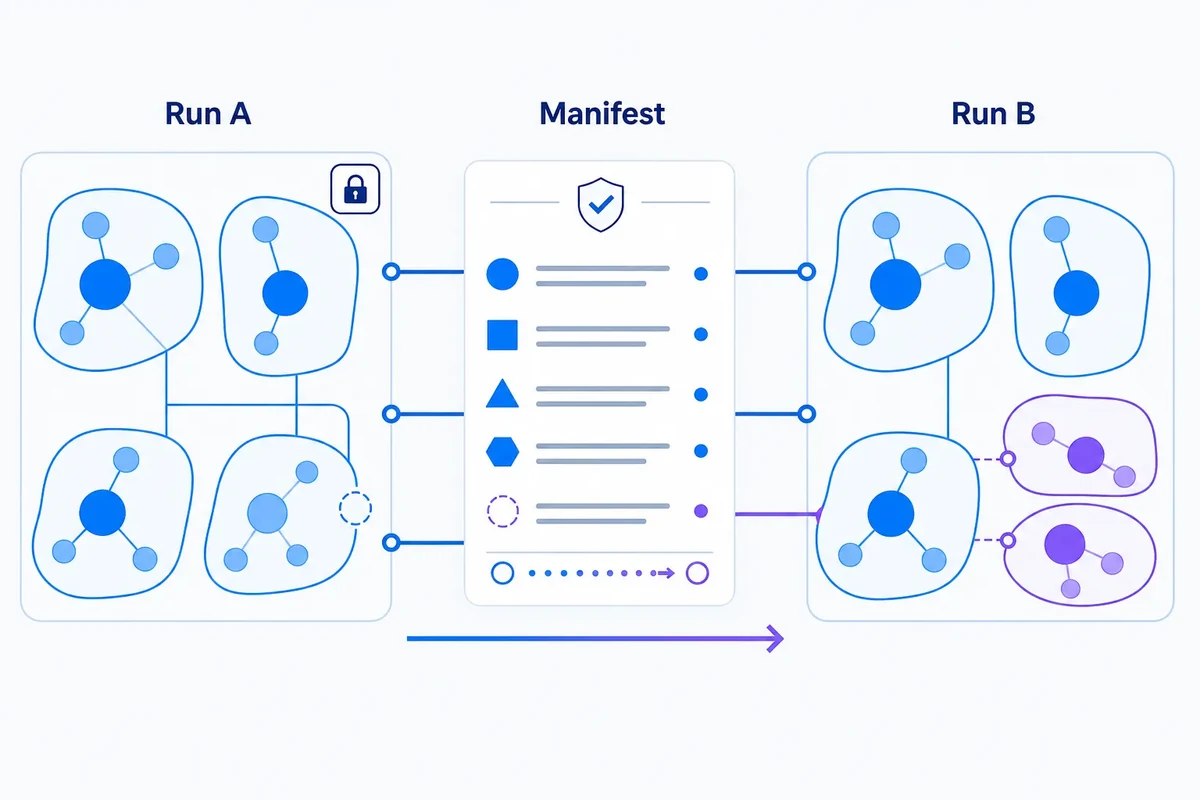 Editorial diagram showing two keyword-clustering runs linked through a central manifest, with stable clusters preserved and a small cluster split and boundary node change made visible between versions.