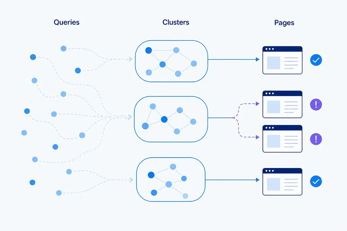 Editorial diagram showing individual SEO queries grouped into topic clusters and connected to pages, including one cluster with fragmented ownership across competing pages.