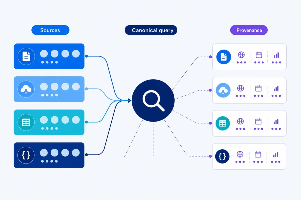 A diagram shows several keyword sources converging into one canonical query while separate source, market, date and metric records remain attached as provenance.