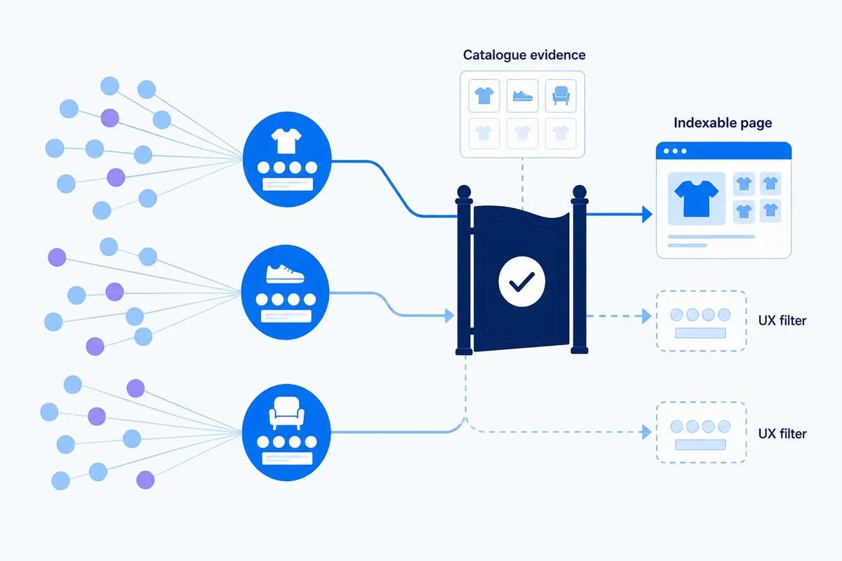 Editorial diagram showing keyword clusters passing through catalogue and crawl governance, with one supported facet becoming an indexable landing page while other combinations remain UX-only filters.