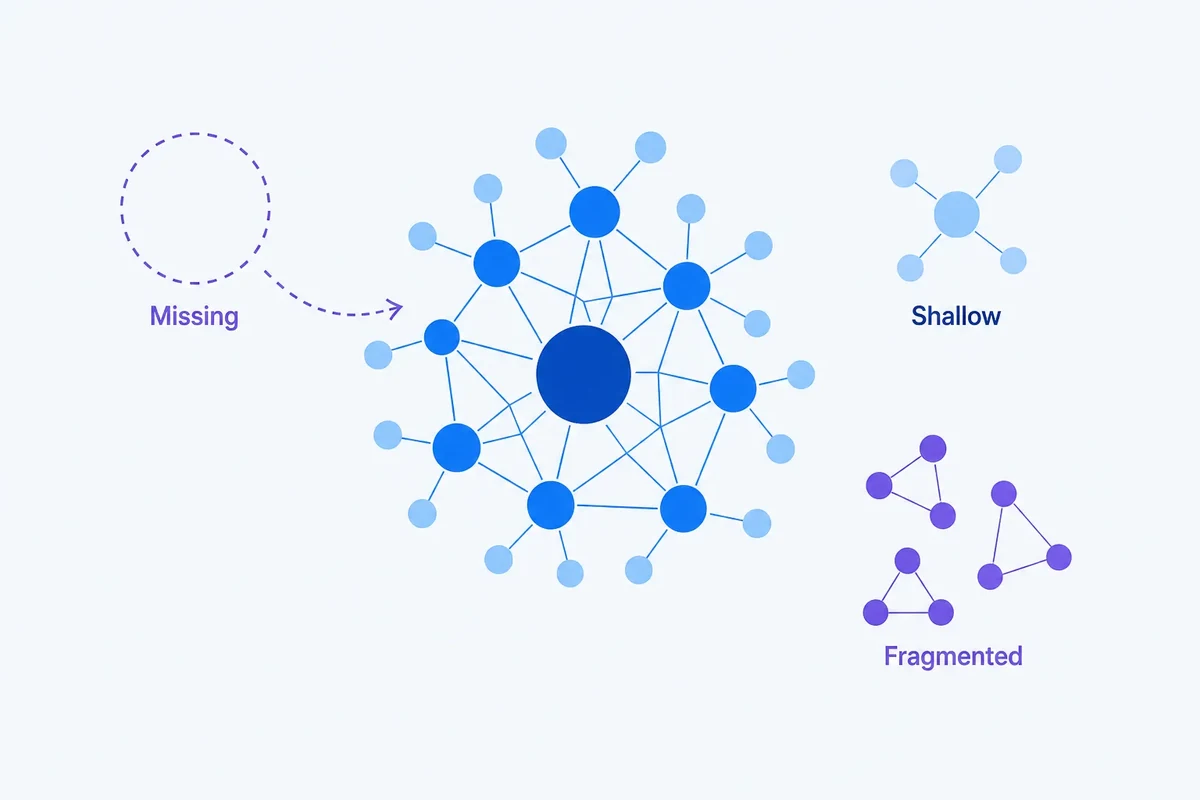 A connected central topic cluster with depth and internal links, alongside missing, shallow and fragmented coverage gaps being prioritised for improvement.