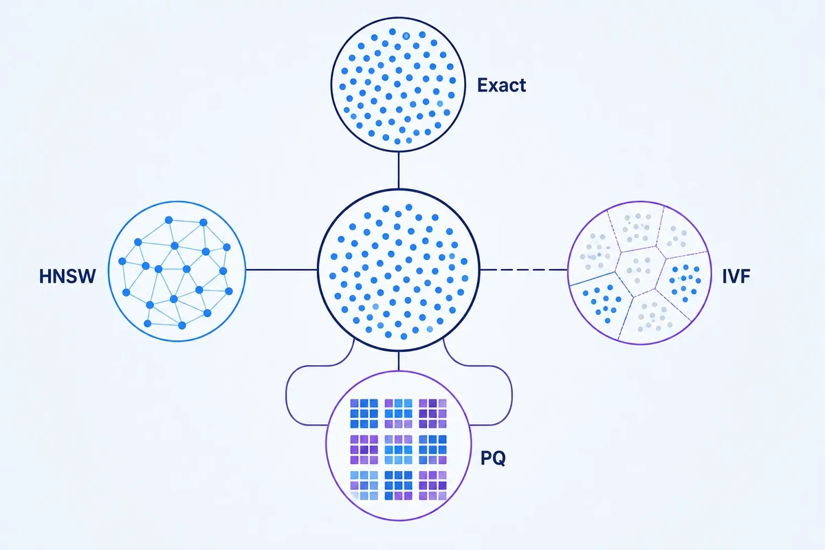 Editorial diagram showing the same vector set represented as exact search, an HNSW graph, IVF partitions and compressed product-quantisation blocks.
