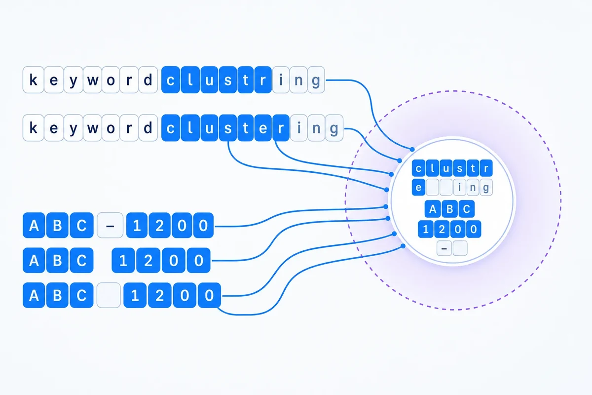 Clean vector infographic showing misspelled keywords and differently formatted product codes connected through shared character fragments into one lexical-variant cluster.
