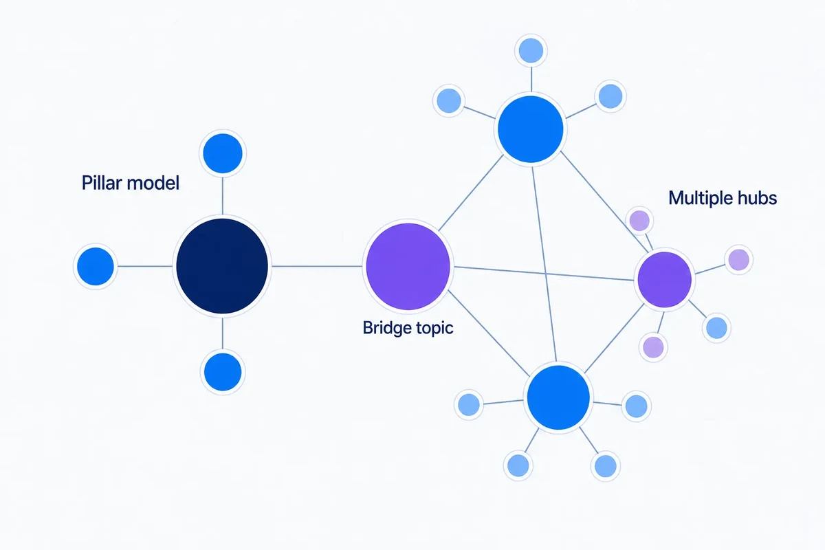 Editorial diagram showing a single pillar-and-spoke hub opening into multiple connected topic communities with a bridge topic between them.