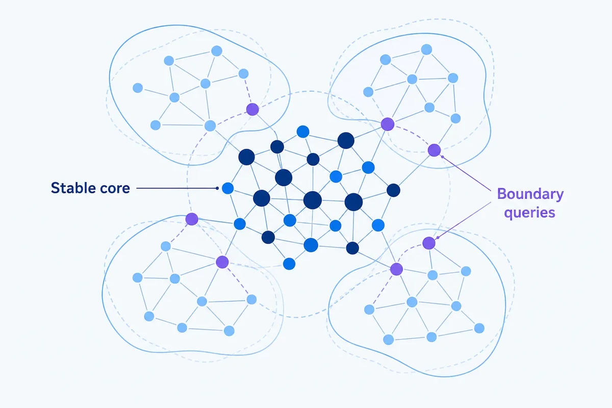 Four clustering views converge on a shared stable keyword core, while a few boundary queries shift between neighbouring groups.
