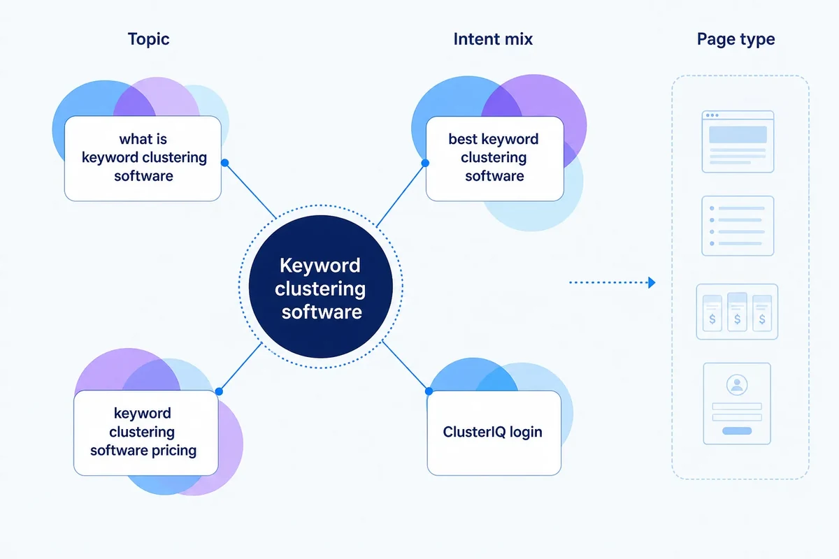 A central keyword-clustering topic connects to related queries, each carrying overlapping intent markers for learning, comparison, pricing and navigation.