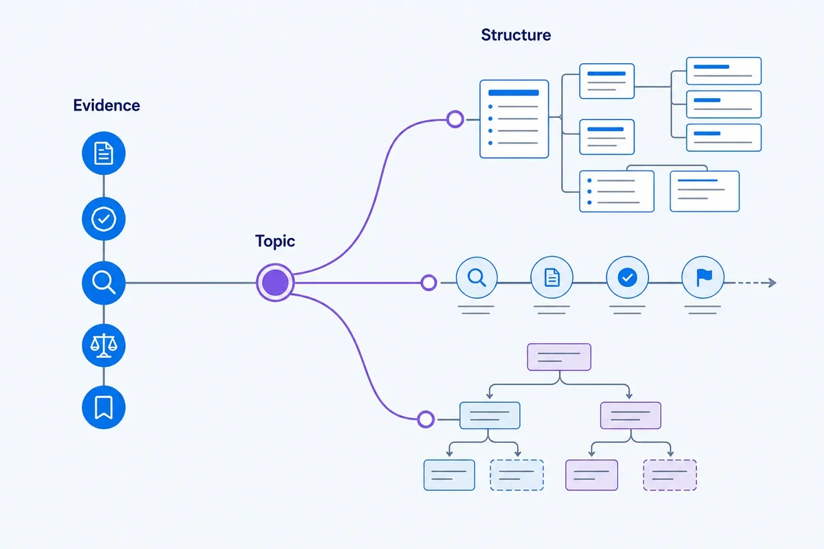 Diagram showing one shared evidence framework branching into three different article structures, illustrating how templates can standardise quality without making every article identical.