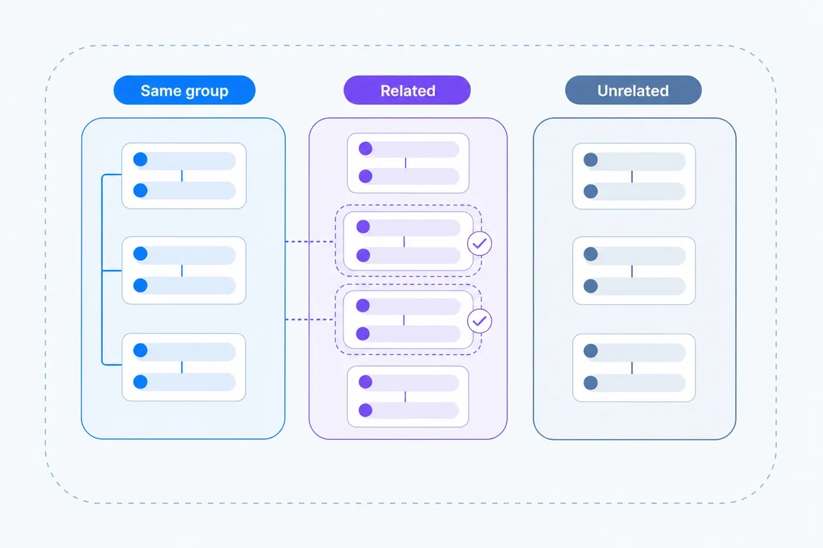 A compact human-labelled keyword benchmark sorts query pairs into same-group, related-but-separate and unrelated categories, with ambiguous cases shown at the boundary.