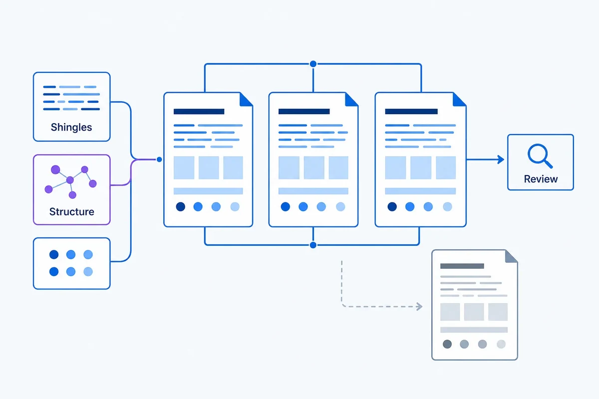 Diagram showing rewritten page cards grouped into one near-duplicate family when their wording, structure and entity sets align, while a related but distinct page remains separate.
