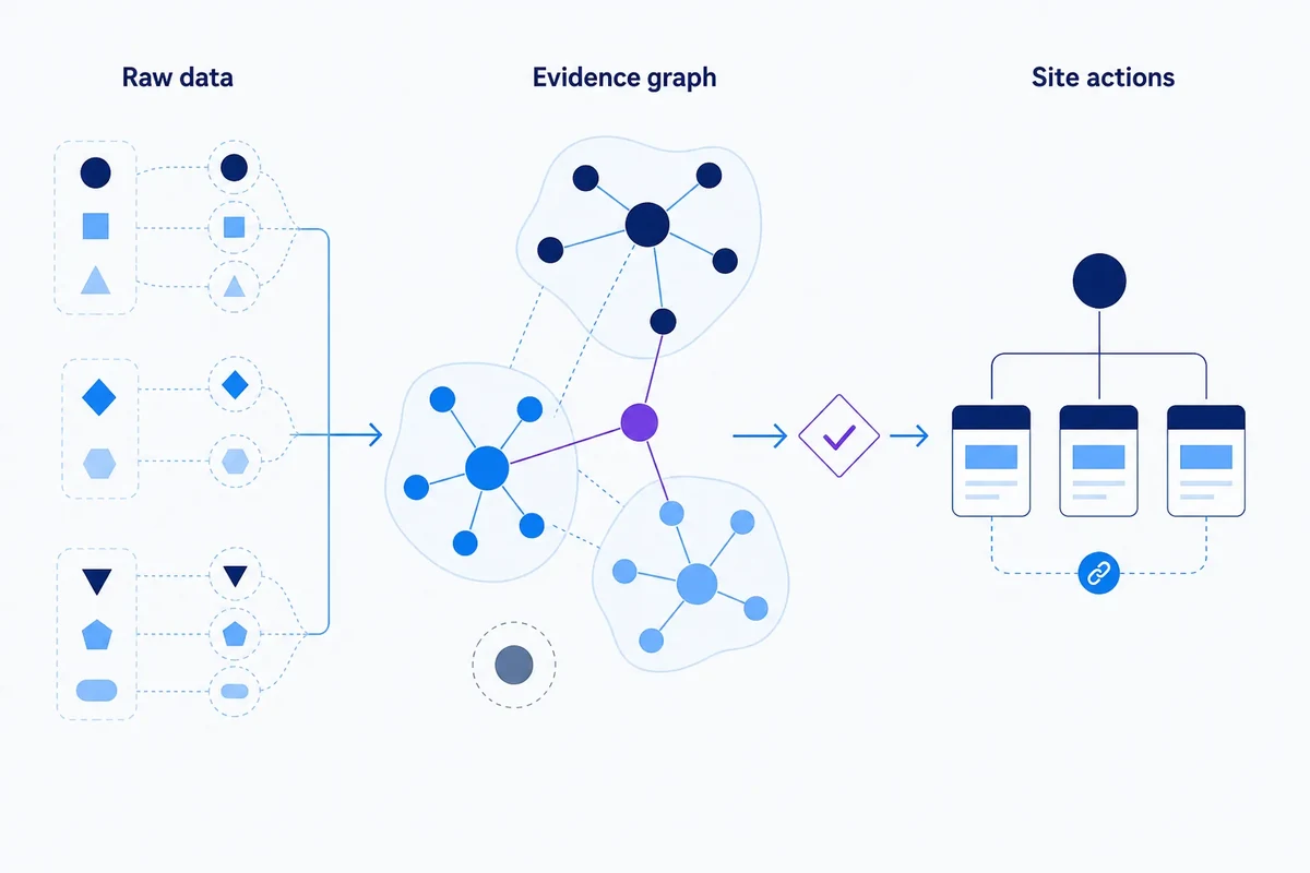 A visual workflow showing raw keyword data becoming an evidence graph with uncertain boundary cases, then mapping to a simple site-page hierarchy.