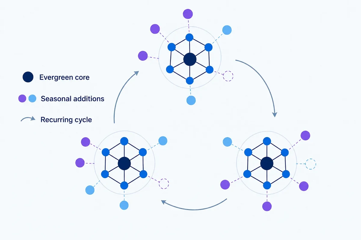 Editorial diagram showing a stable evergreen keyword cluster across repeated seasonal cycles, with recurring and temporary seasonal additions around the core.