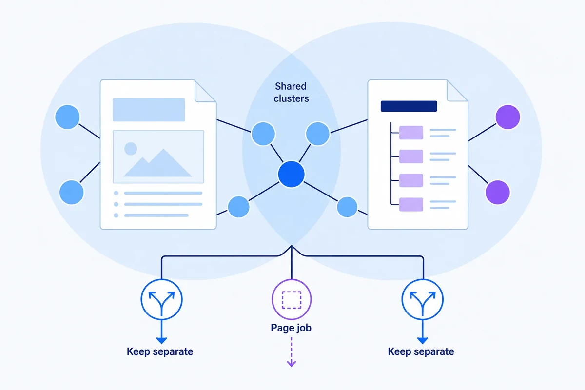 Two article nodes share a query cluster but retain distinct page roles, showing why evidence may support keeping them separate rather than consolidating them.