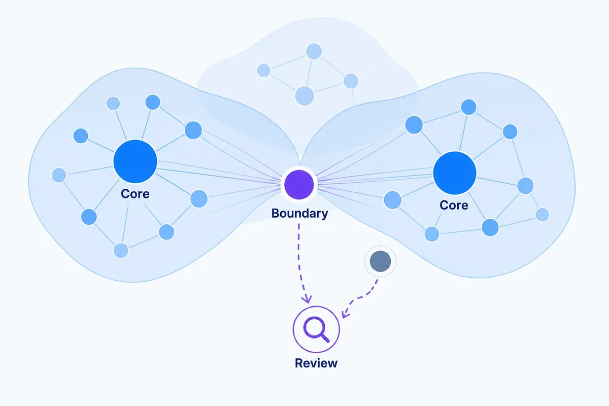 Editorial diagram showing dense keyword clusters, a mixed-membership boundary query between them, an isolated noise point and a highlighted path directing uncertain cases to human review.