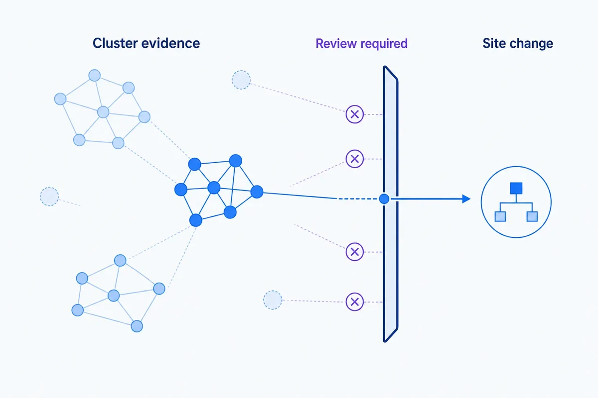 Editorial diagram showing a keyword cluster with weak bridges and mixed groups stopping at a review gate before a site change.
