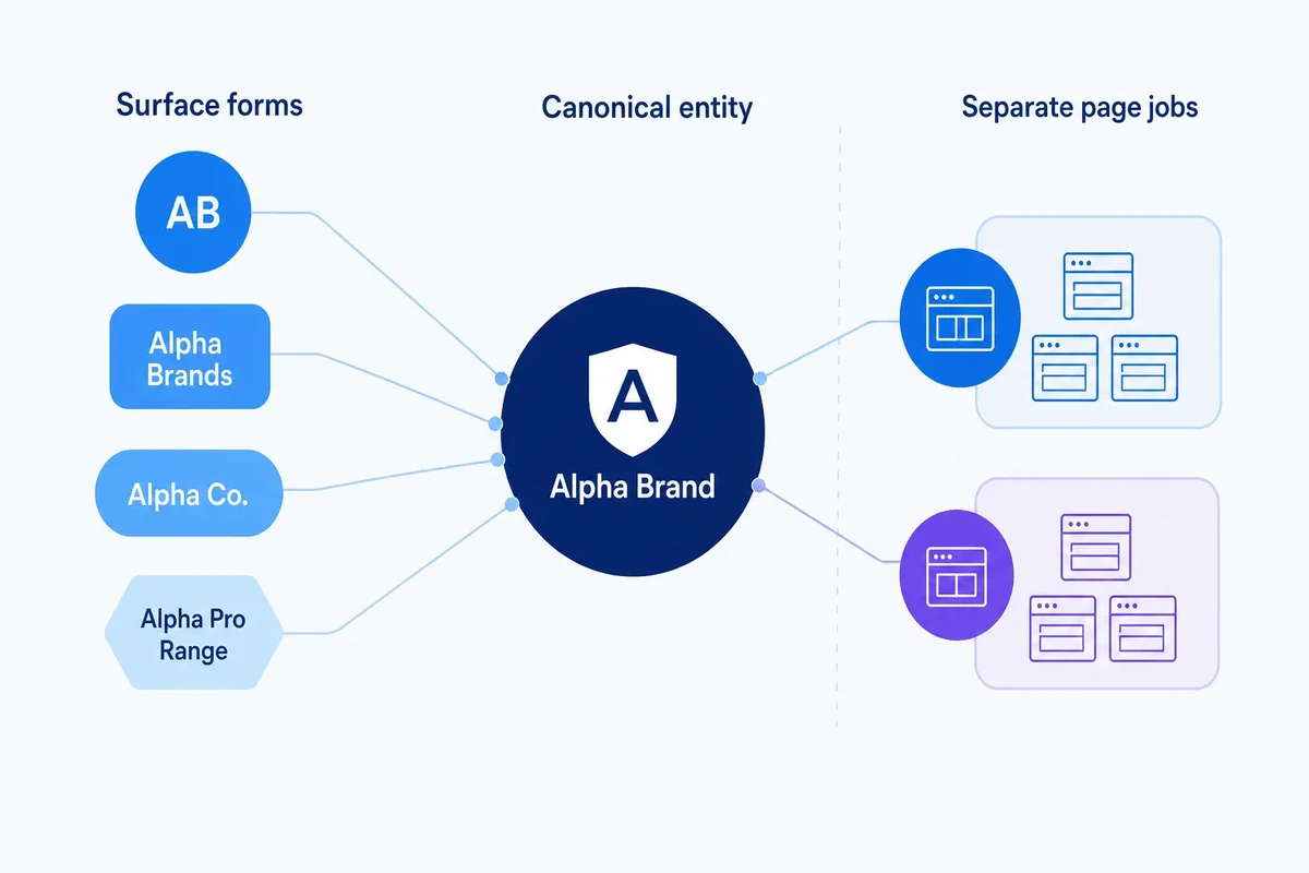 Diagram showing varied brand surface forms converging on one canonical entity while parent-brand and product-range page groups remain separate.