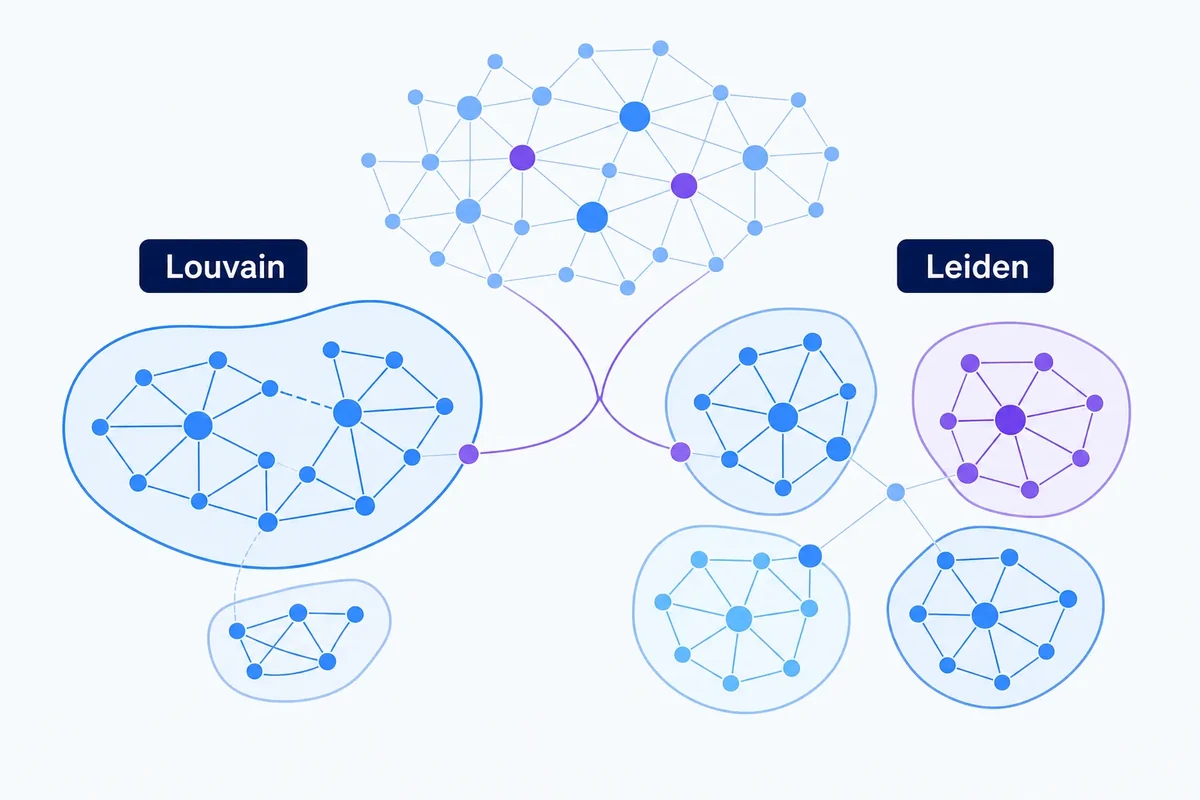 Illustration comparing Louvain and Leiden community detection on the same keyword graph: Louvain shows a weakly connected subgroup, while Leiden shows connected communities.