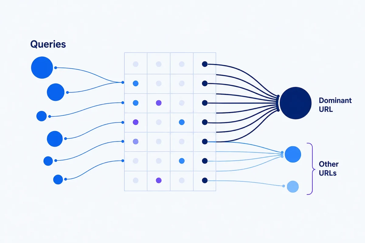 Diagram showing a cluster of Search Console queries connected through a matrix to one dominant URL and two smaller competing URLs.