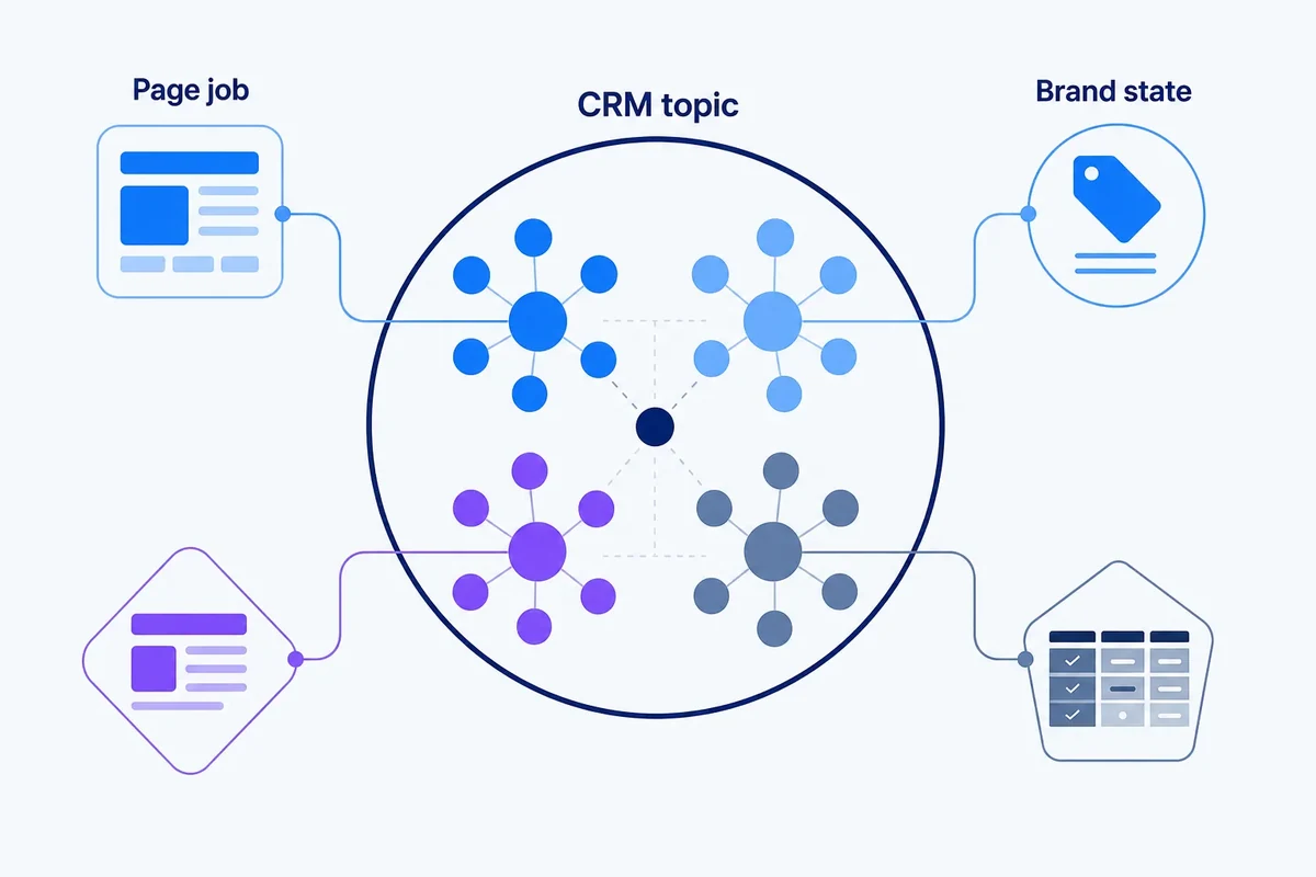 A single CRM topic cluster contains generic, own-brand, competitor-brand and comparison query groups, with brand status leading to different page purposes.