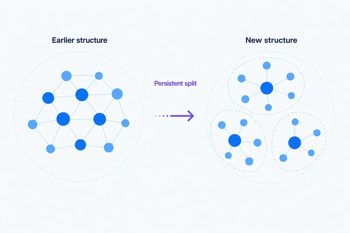 Editorial diagram showing one keyword cluster developing into three stable subclusters, illustrating persistent topic drift.