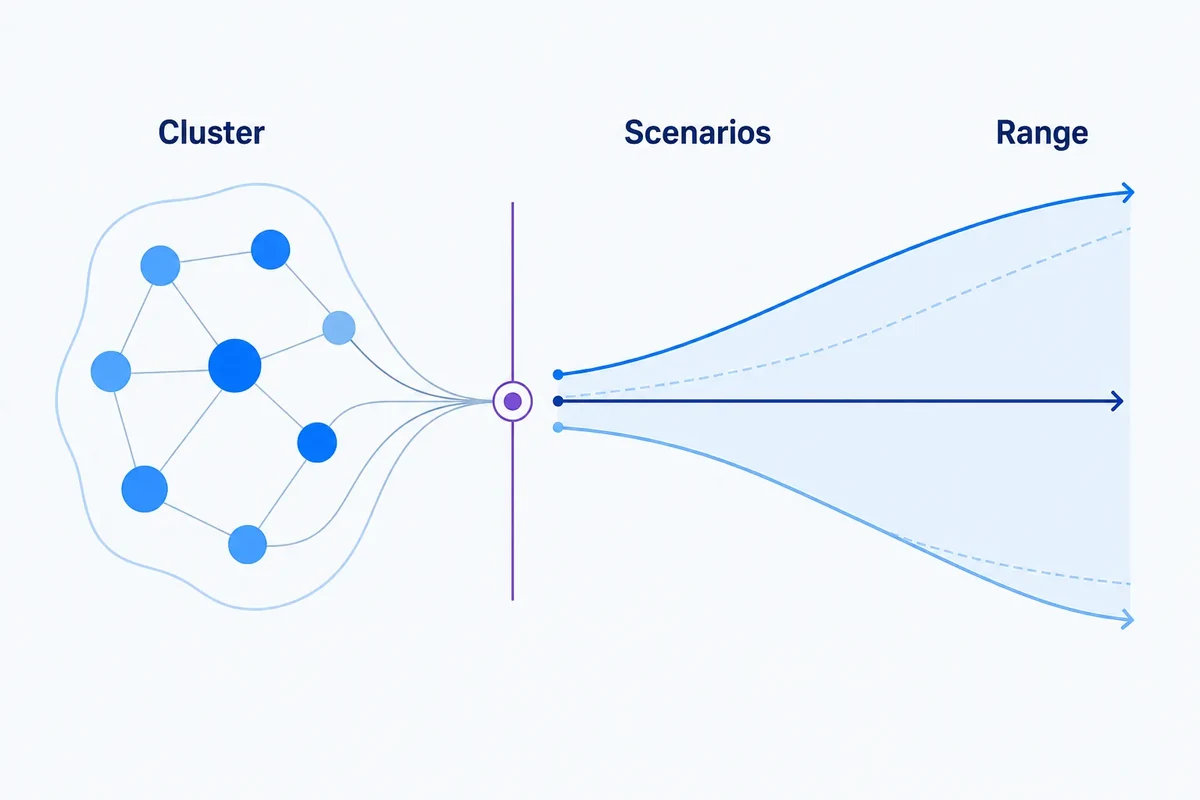 A grouped set of related query nodes passes through an implementation milestone and expands into three forecast scenarios, showing a widening range of possible SEO outcomes.