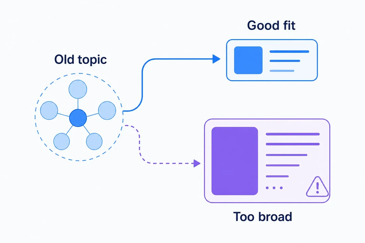 Editorial diagram showing a specific old keyword cluster redirected either to a closely matching destination or to an overly broad parent page, illustrating semantic redirect validation.