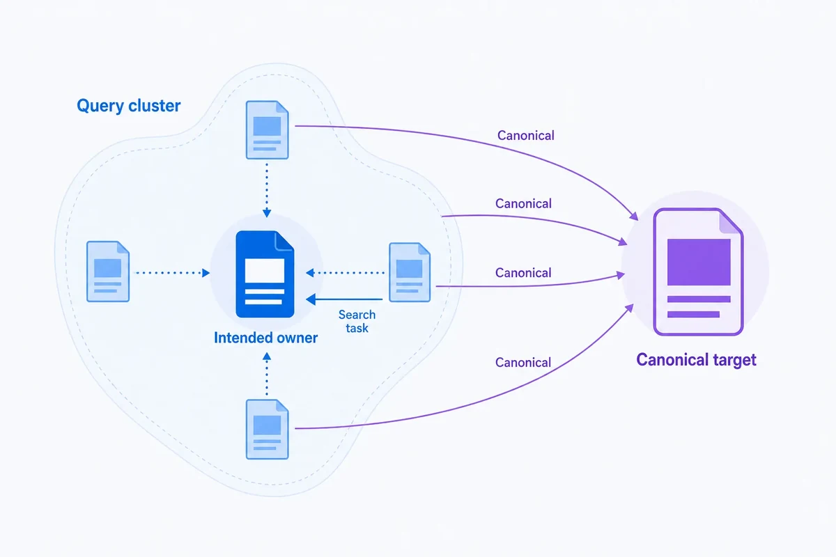 Diagram showing related URL variants grouped around an intended query owner while canonical arrows point to a separate target outside the cluster.