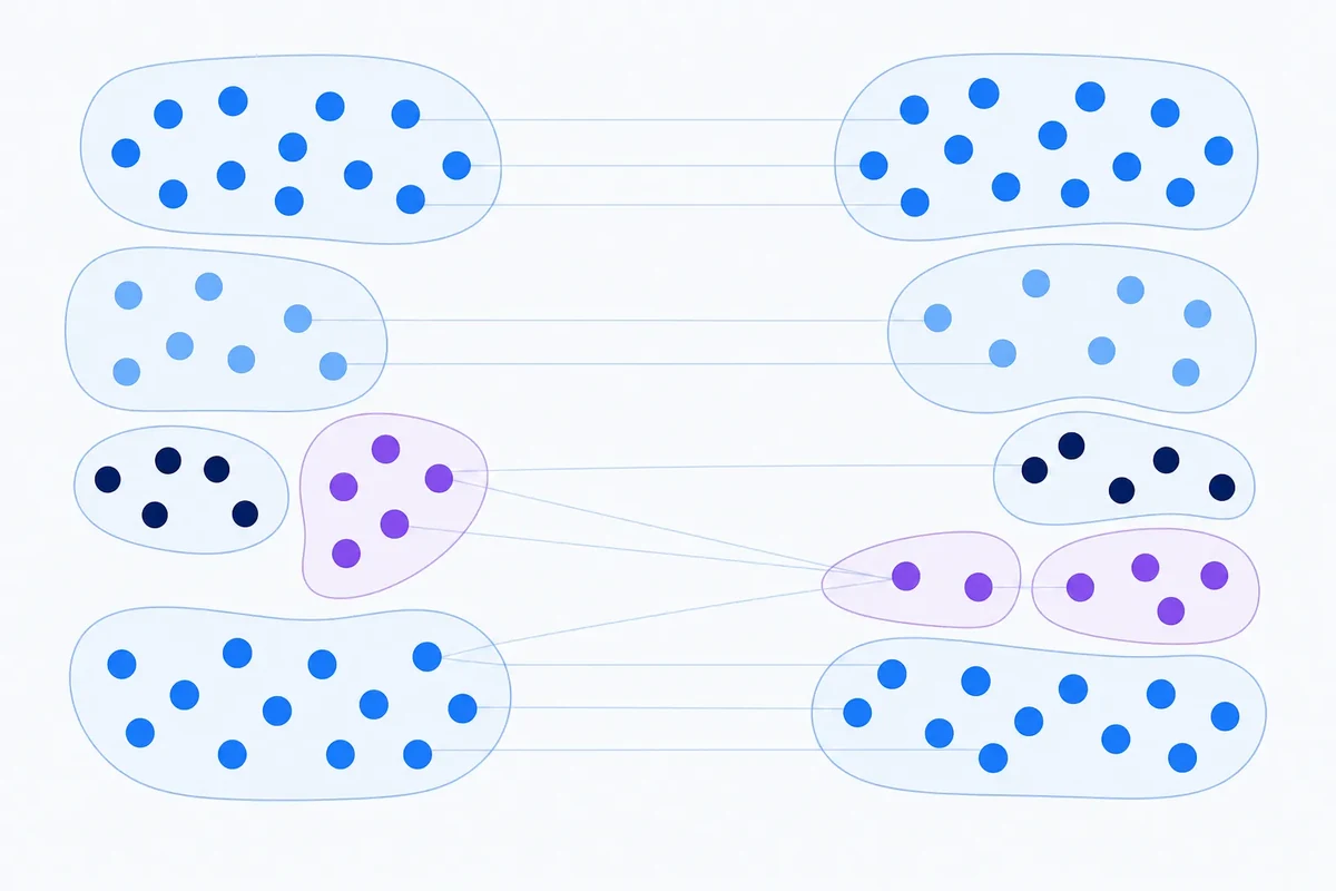 Two side-by-side clusterings of the same observations, with most group memberships matching and one subgroup changing between partitions.