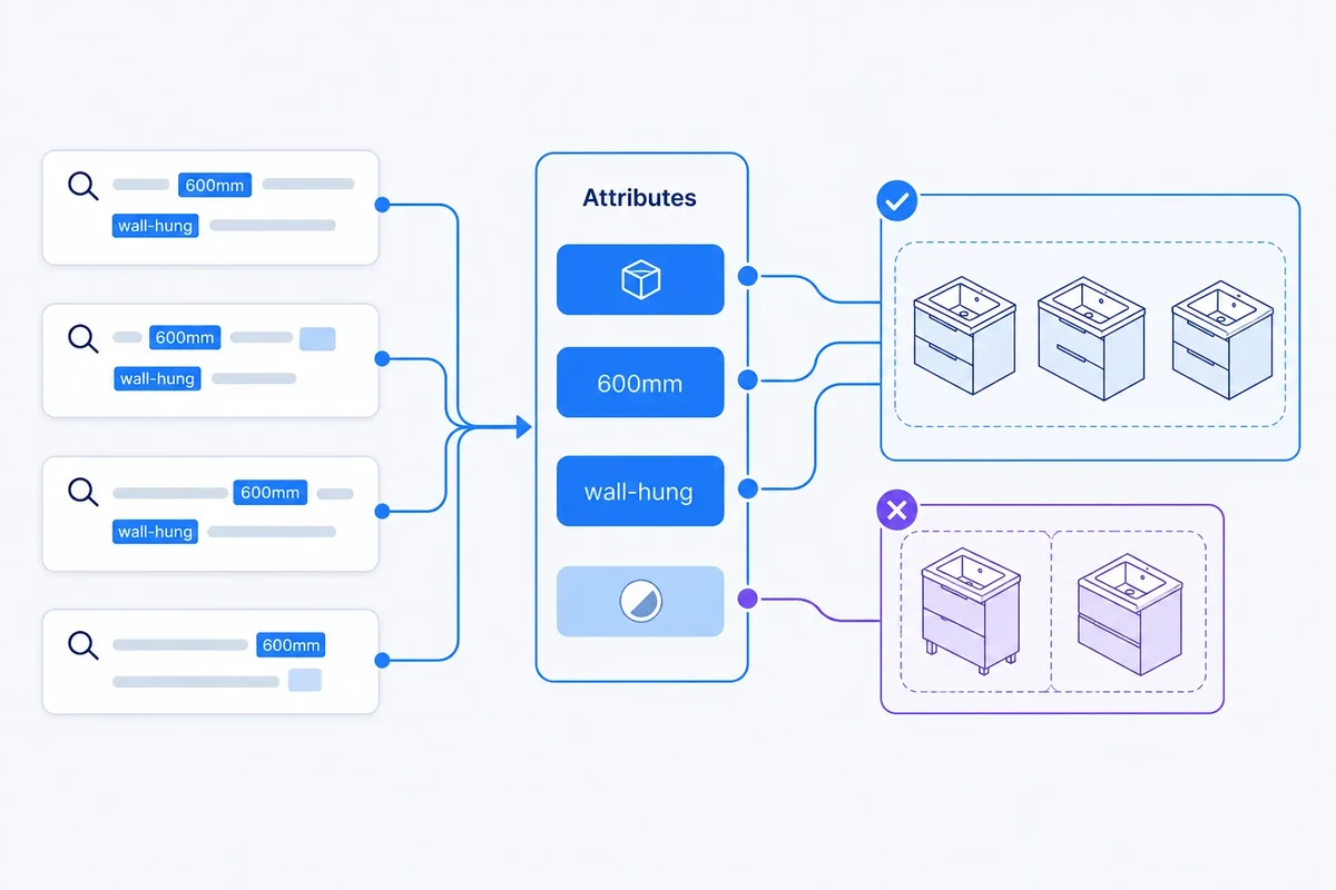 Diagram showing ecommerce keyword phrases being converted into structured attributes such as size and mounting style, then grouped into separate product families.