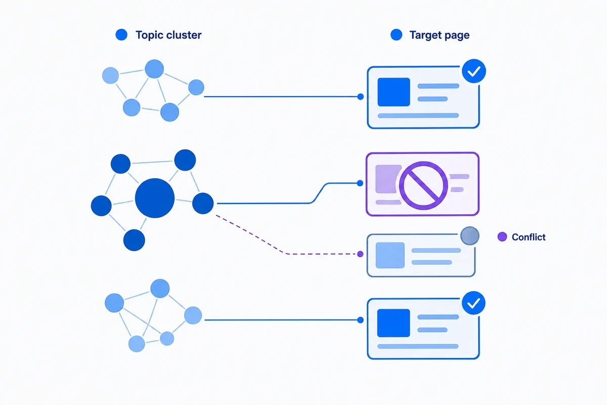 Editorial diagram showing topic clusters connected to page owners, with one important cluster blocked by a non-indexable target and diverted to an unsuitable article page.