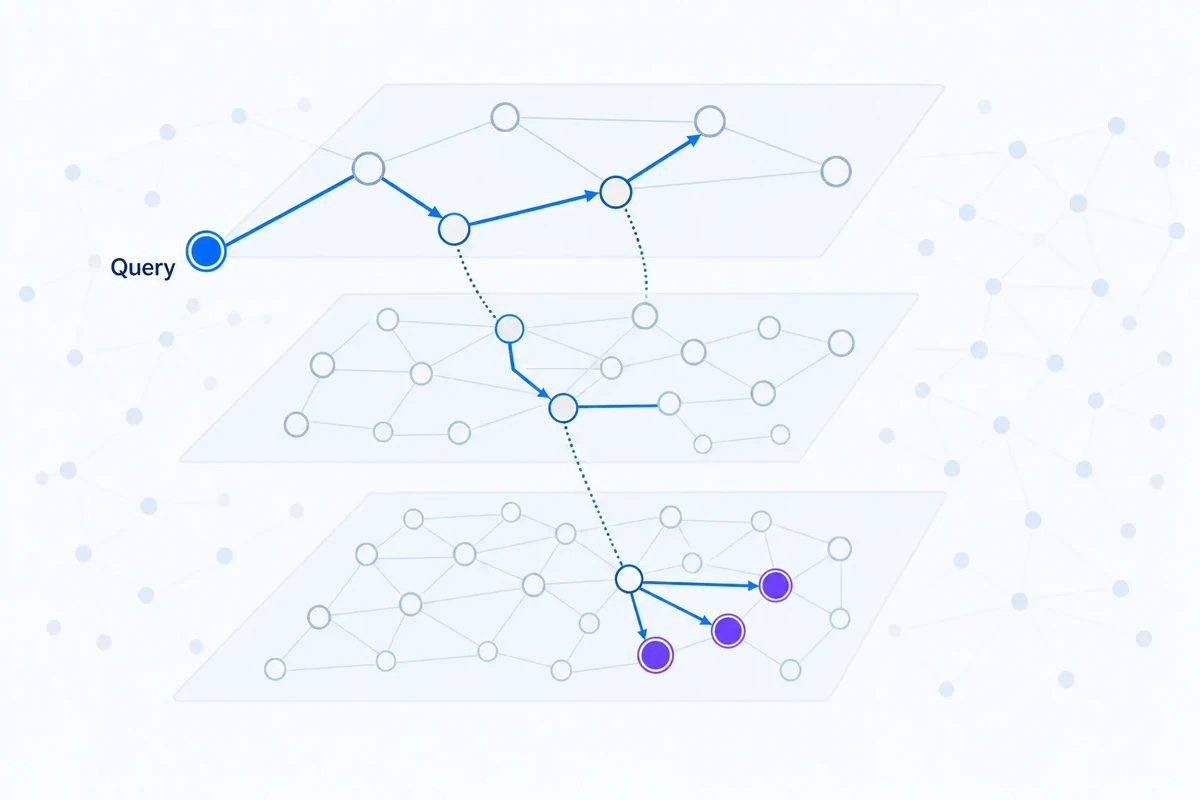 Editorial diagram showing a query moving through sparse upper HNSW graph layers into a denser local neighbourhood, where a few candidate neighbours are highlighted while most of the wider vector space remains unvisited.