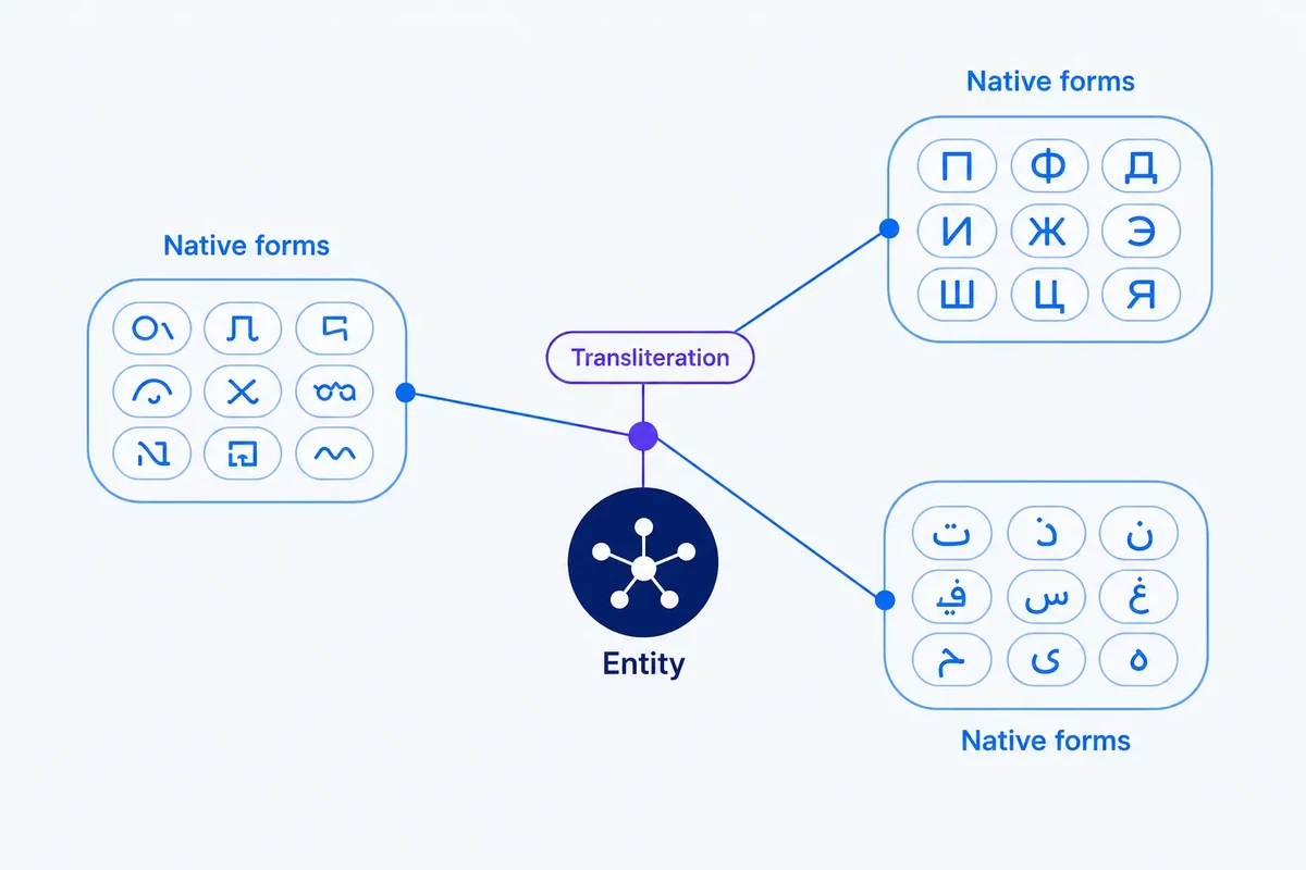 Three separate Latin, Cyrillic and Arabic script query clusters connect through a transliteration bridge to one shared entity node while remaining visibly distinct.