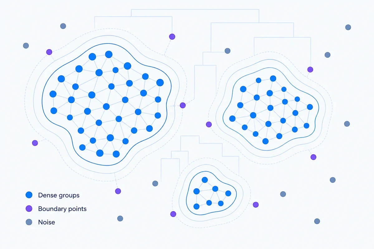 Editorial diagram showing HDBSCAN with dense keyword groups of different sizes, boundary points and isolated noise points outside the clusters.