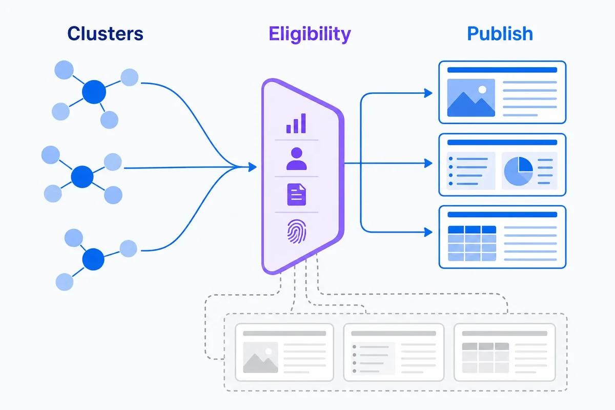 Editorial diagram showing keyword clusters feeding an eligibility gate, with a few distinct page candidates approved and unsupported or duplicate candidates blocked from publication.