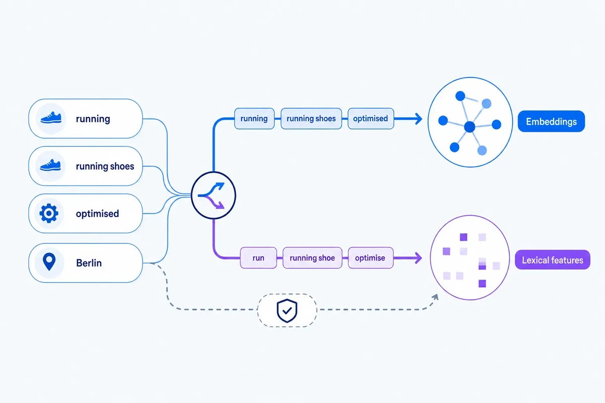 Editorial diagram showing raw query wording branching into an embeddings path, a selectively normalised lexical-features path, and a protected entity bypass.