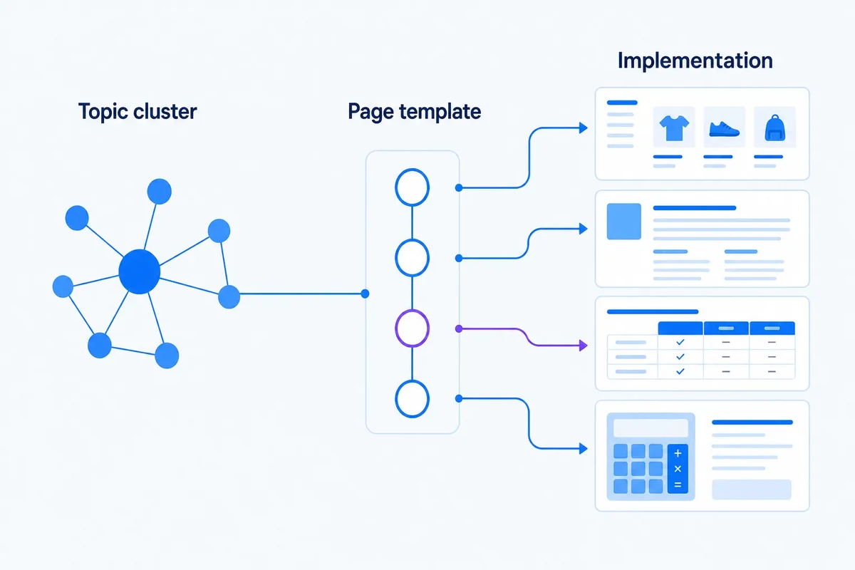 Editorial diagram showing a topic cluster being mapped through a page-template layer into category, guide, comparison and tool page formats.