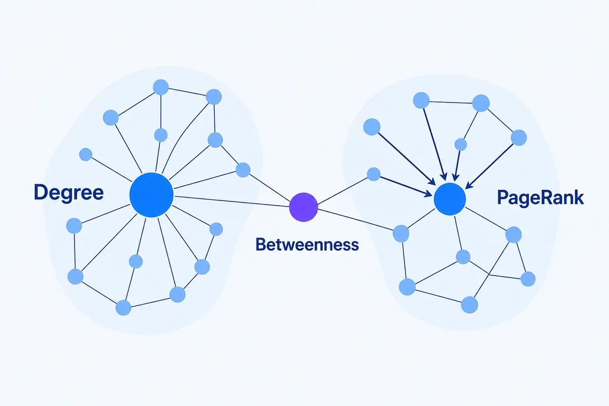 Illustrative keyword graph showing a local hub, a bridge between two topic communities, and a recursively prominent PageRank node.