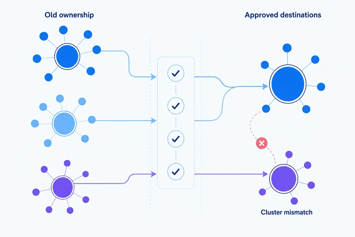 Editorial diagram showing two related SEO topic clusters merging into one approved destination while a distinct cluster remains separate during a site migration.