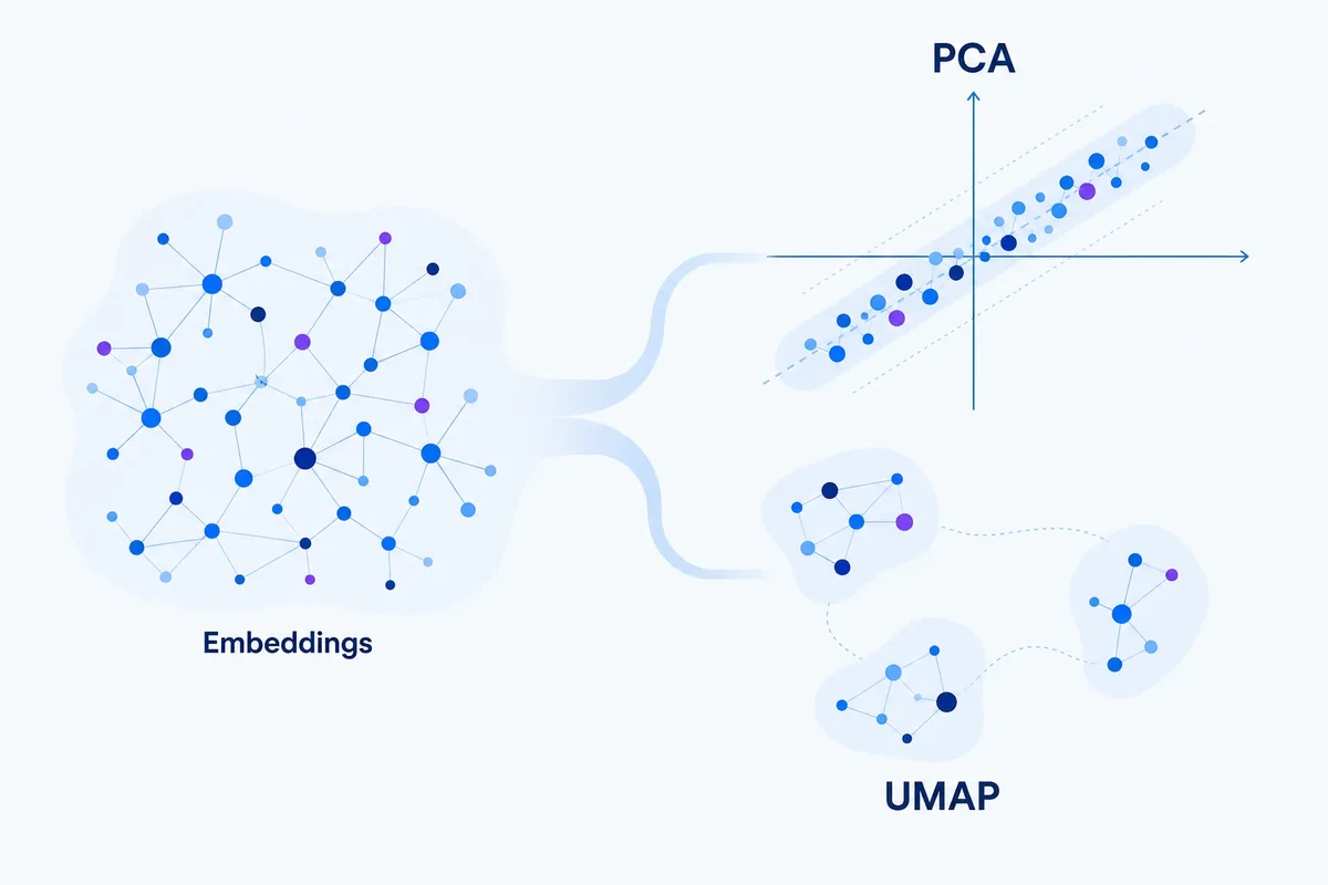 Editorial diagram showing one keyword embedding space reduced in two ways: PCA forms a compact linear projection, while UMAP preserves curved local neighbourhoods.