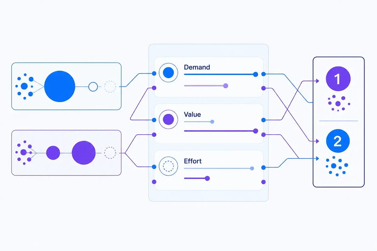 Editorial diagram comparing two SEO keyword clusters, showing how demand, business value and effort combine transparently to prioritise one opportunity over another.