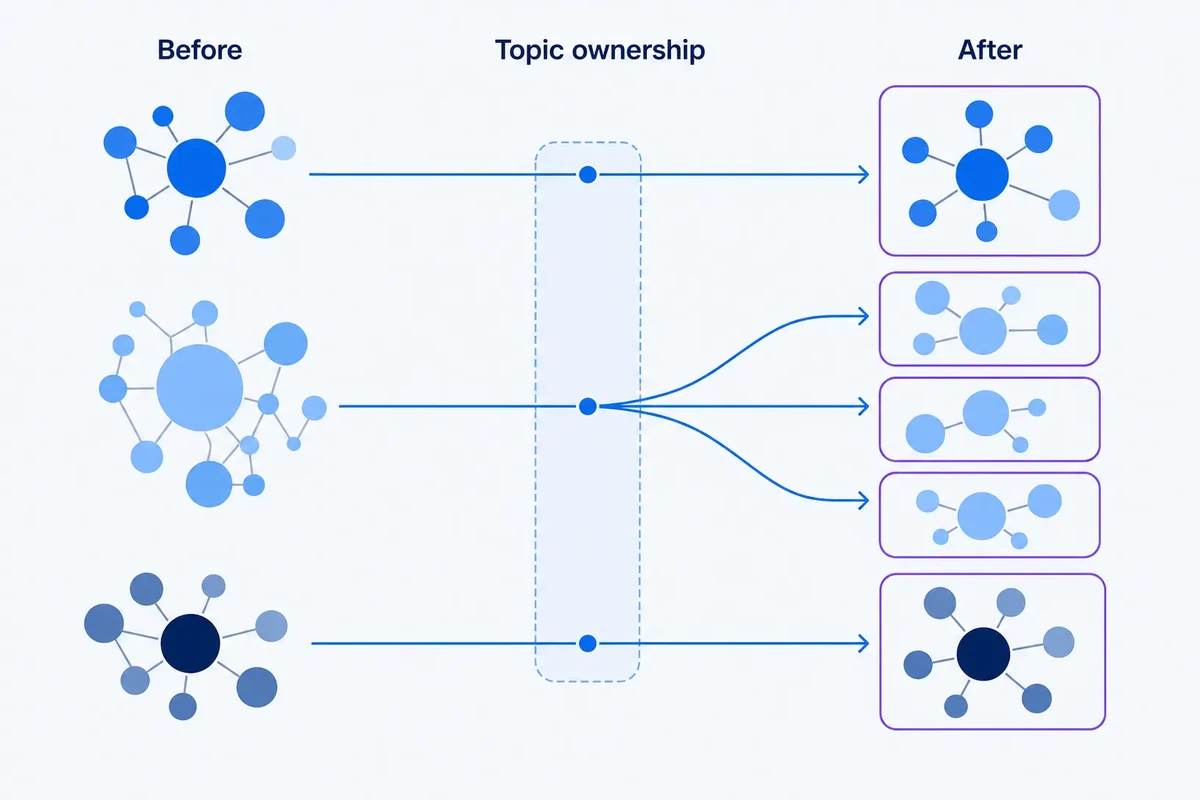 Editorial diagram showing topic clusters moving from legacy URLs to new destination pages, including one broad cluster splitting into three focused destinations while preserving topic ownership.