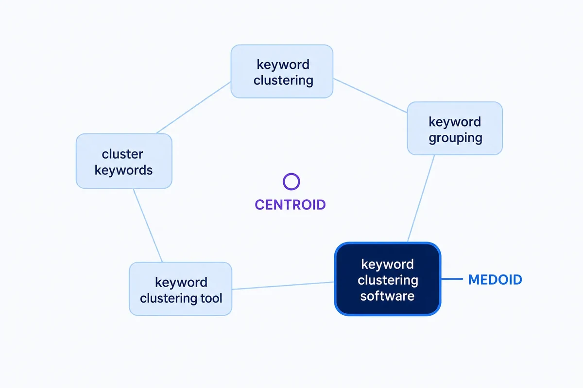 A keyword cluster showing a floating centroid between the nodes and a highlighted medoid that is an actual observed query.