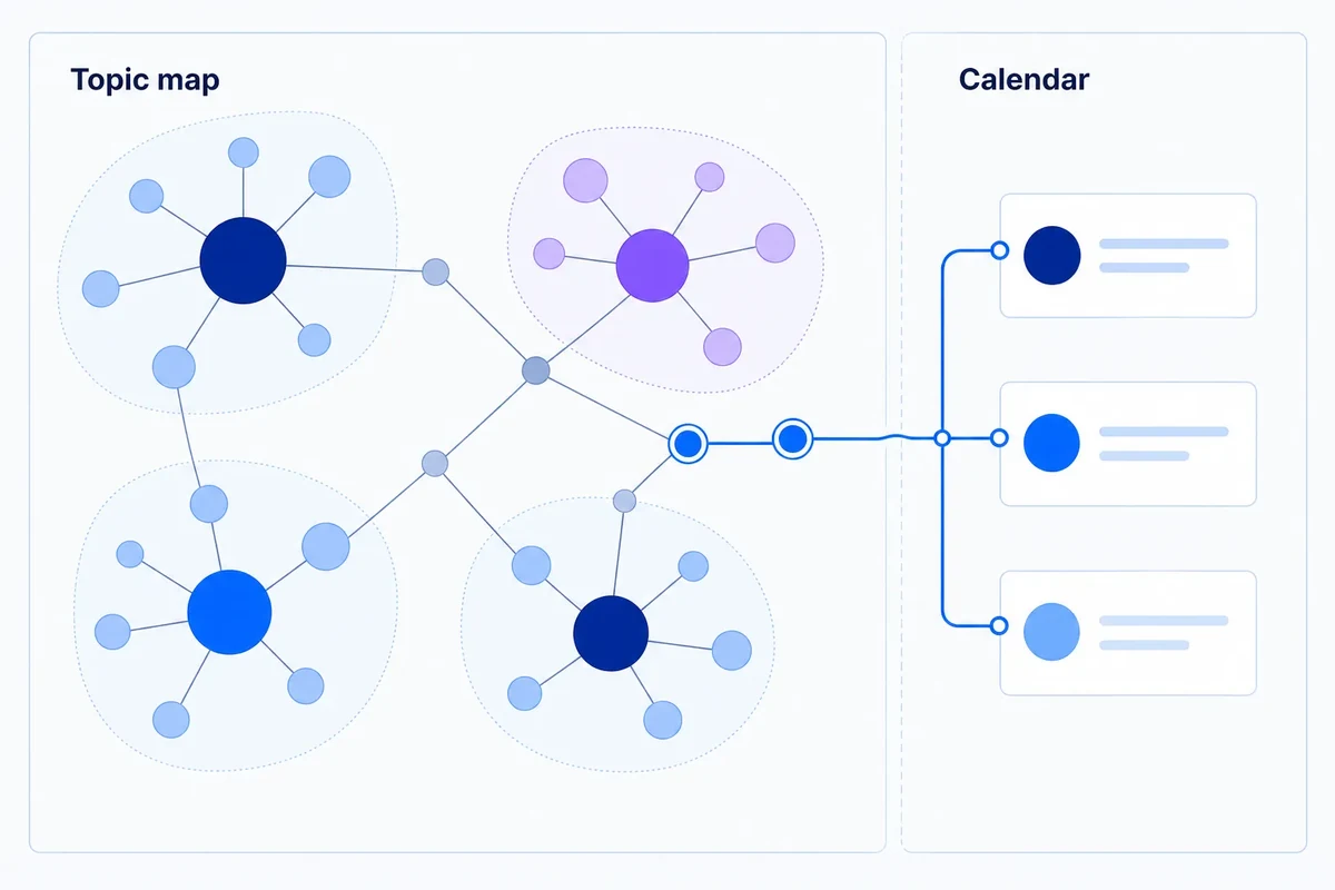 A broad connected topic map on the left sends only a few selected nodes into a separate, ordered content calendar on the right.
