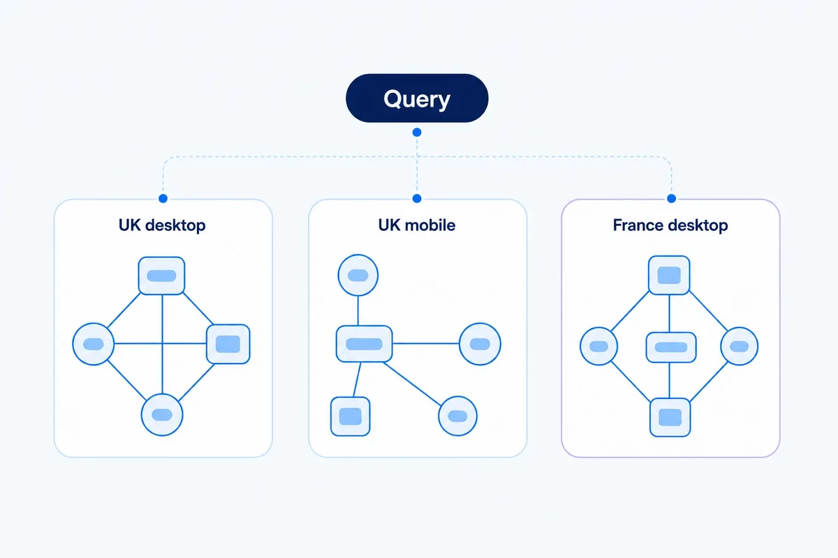 Editorial diagram showing one query branching into separate UK desktop, UK mobile and France desktop SERP clusters, with overlap relationships kept within each search context rather than combined globally.